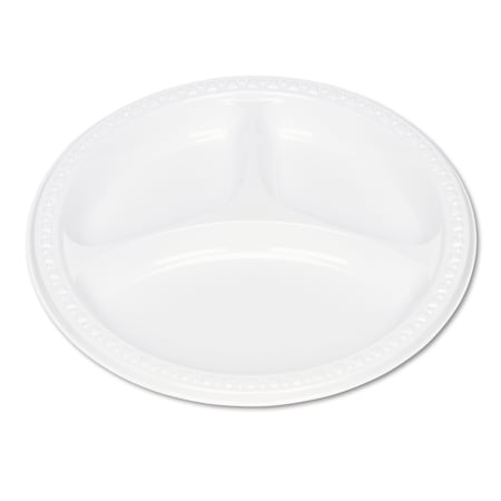 Tablemate Plastic Dinnerware, 3-Compartment Plates, 9" dia, White, PK125 19644WH